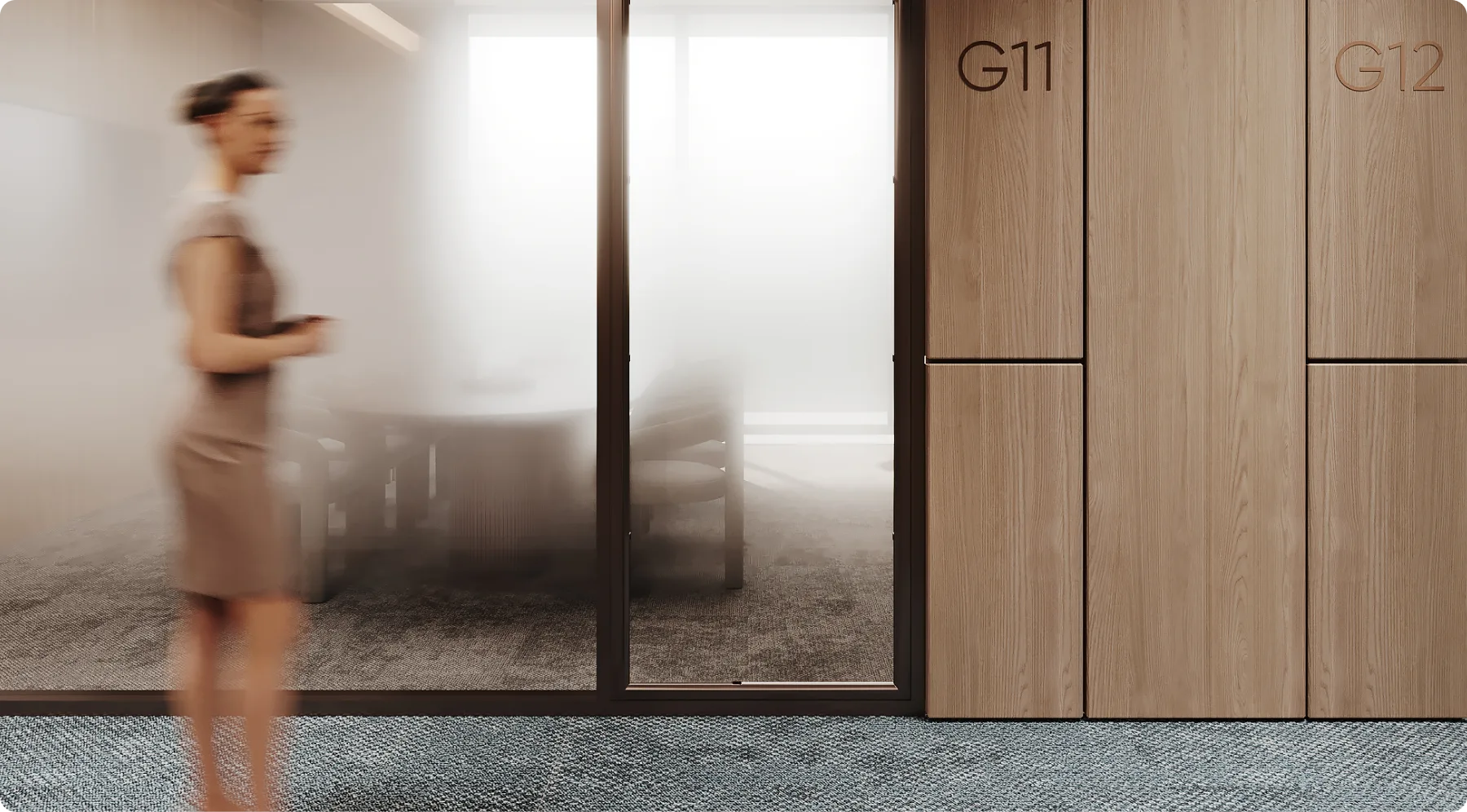 Private office corridor with acoustic partitions